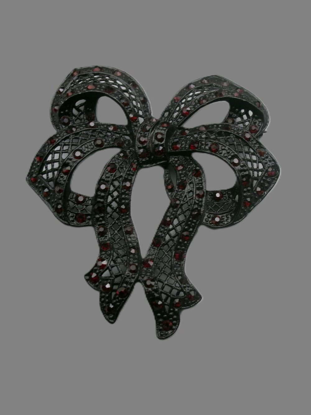 Sweet Romance Black Bow Brooch w/ Swarovski Red Crystals, Vintage Jewelry